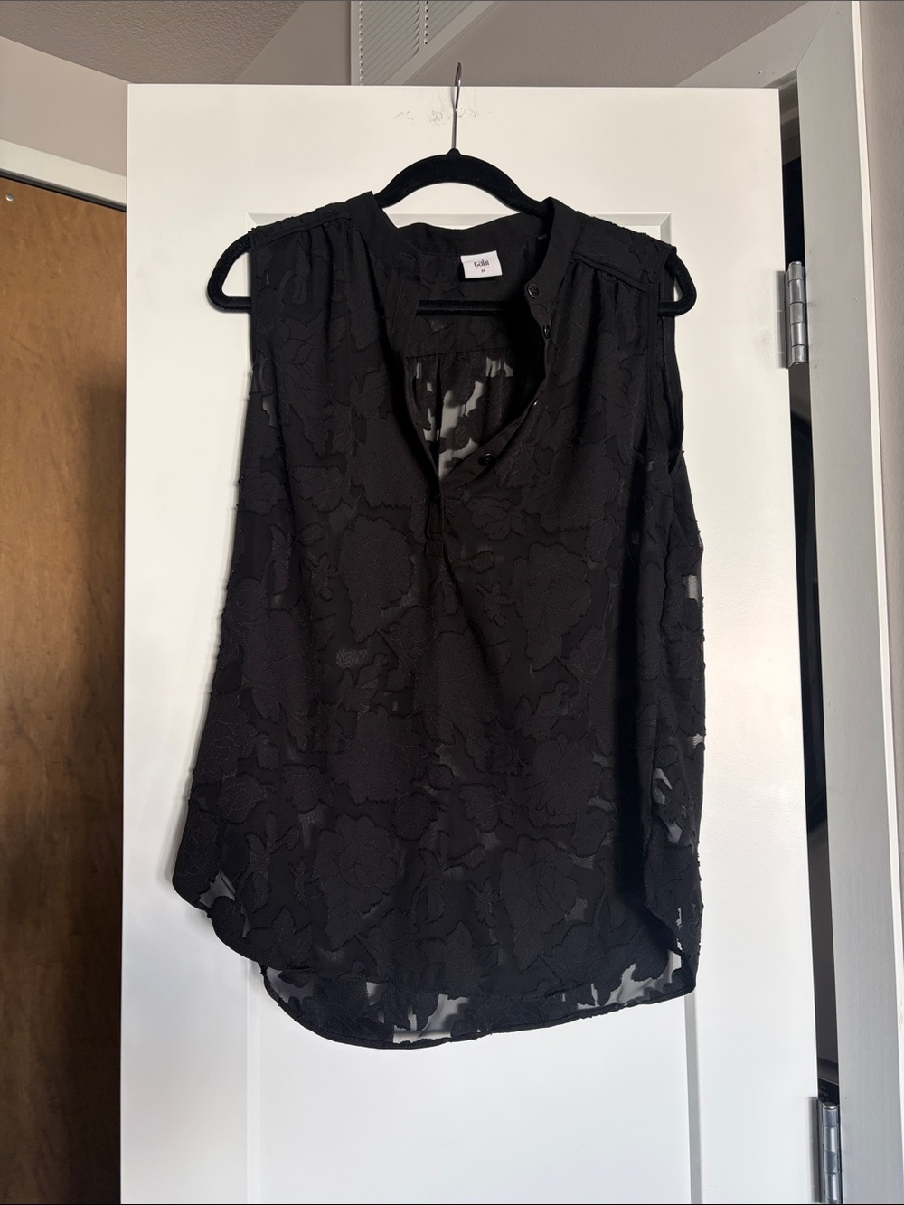 Cabi black lace and sheer button up tank top